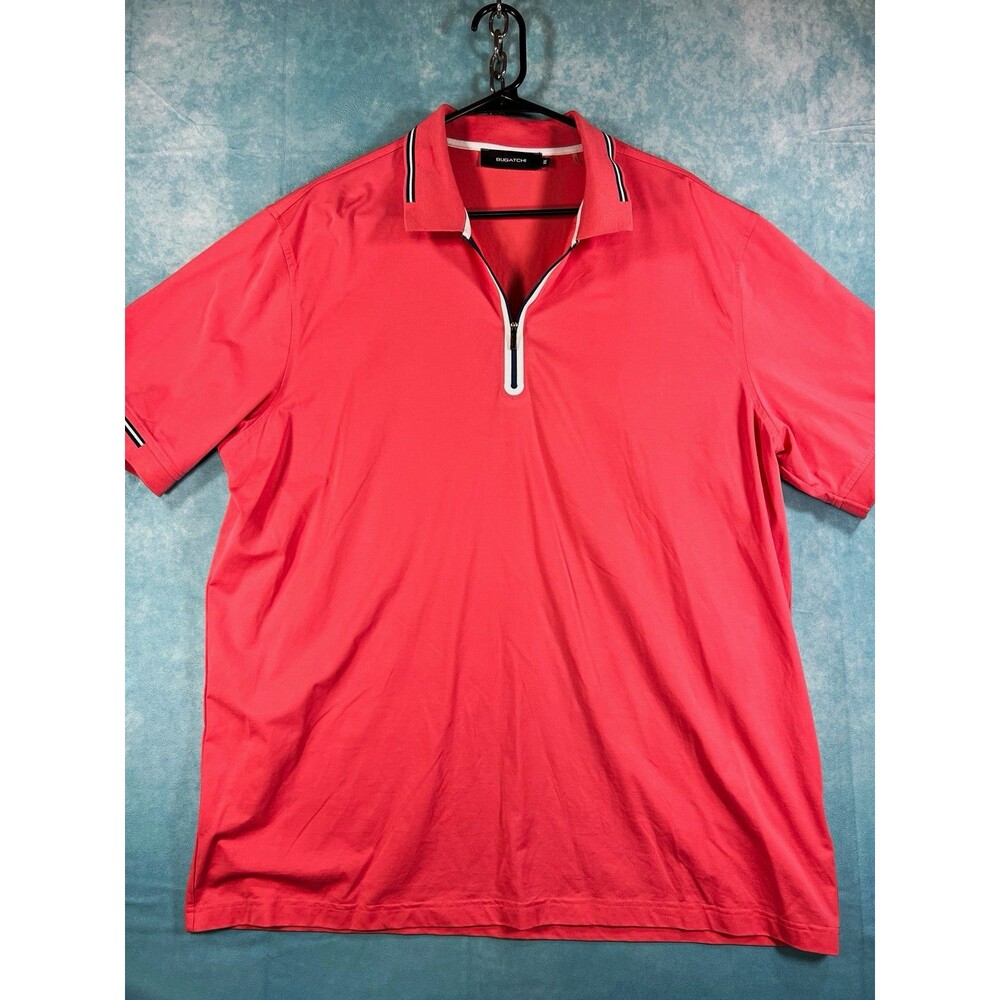 Bugatchi Men’s 2XL Pink Solid Stretch Short Sleeve Zip Polo Contrasting Trim